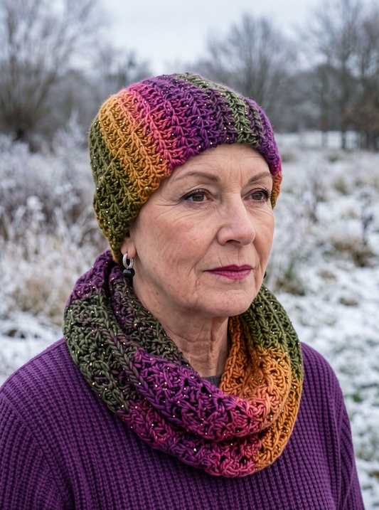 Supersoft hand crochet beanie hat with turn up and infinity scarf - Jewel