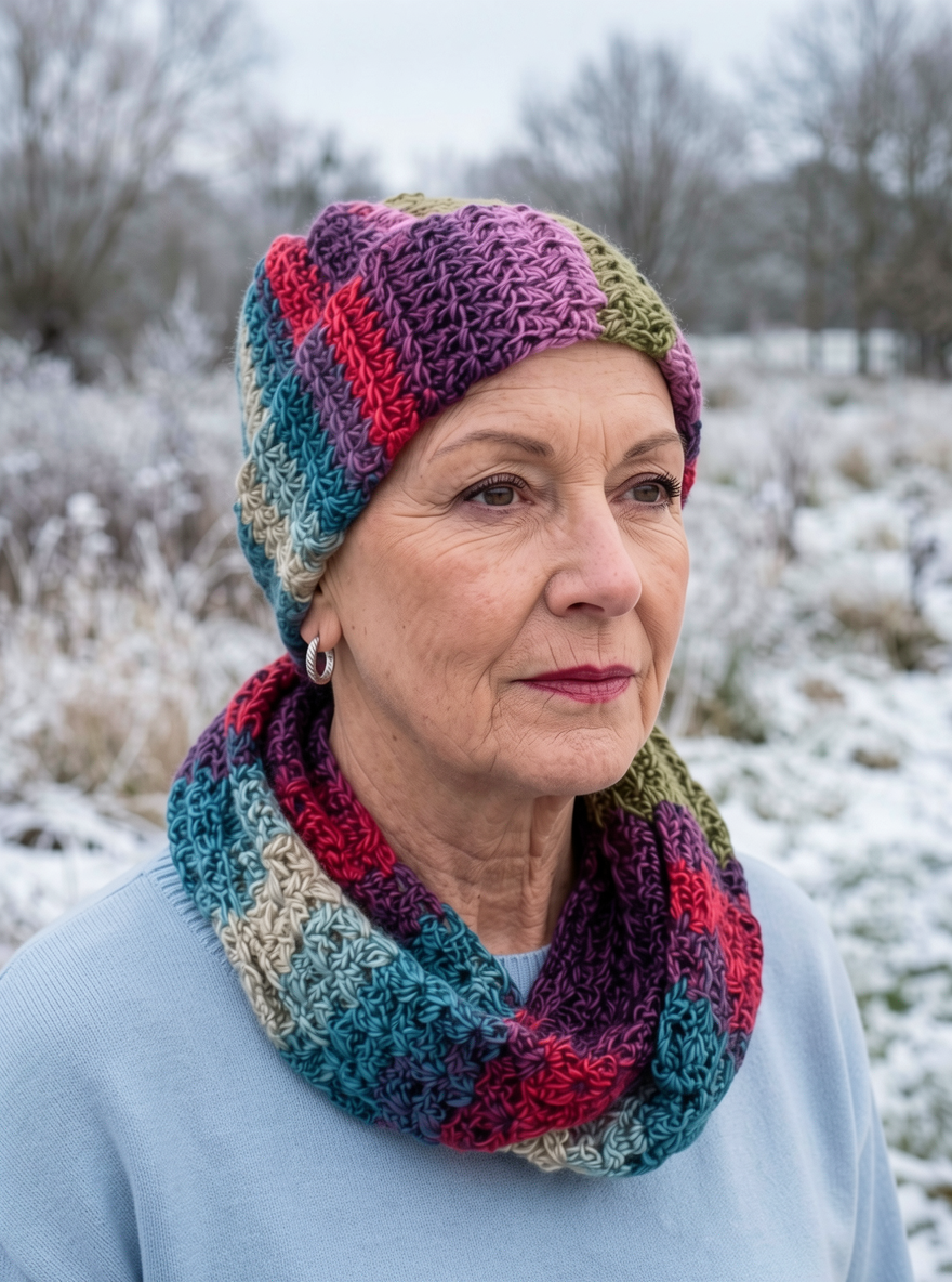 Hand crochet chemo beanie with turn up and matching scarf - Boheme