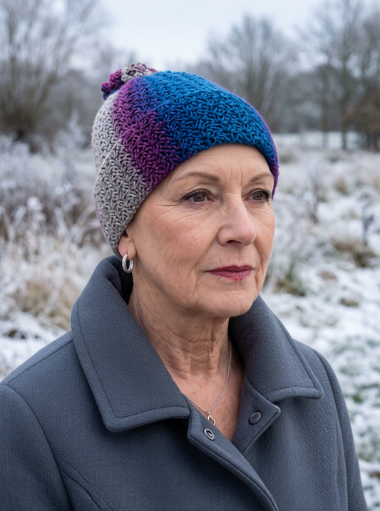 Soft hand crochet beanie with turn up and crochet pom pom - Chic