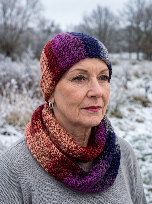 Hand crochet chemo beanie with turn up and matching scarf - Cosmic