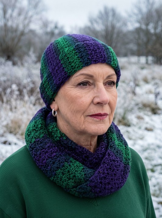 Hand crochet chemo beanie with turn up with matching scarf - Deep