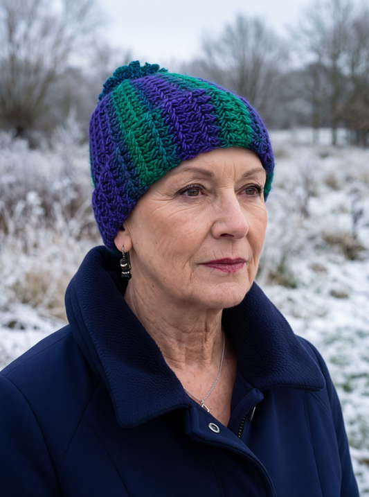 Supersoft hand crochet beanie with turn up and crochet pom pom - Deep