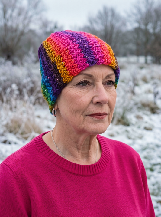 Soft hand crochet chemo sparkle beanie - Ember