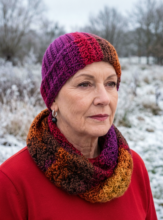 Soft hand crochet chemo beanie and infinity scarf - Fantasy