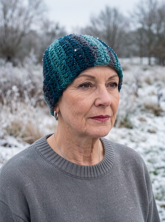 Soft hand crochet sparkle beanie with turn up - Gem