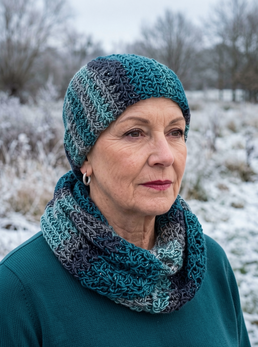 Soft hand crochet sparkle chemo beanie and infinity scarf - Gem