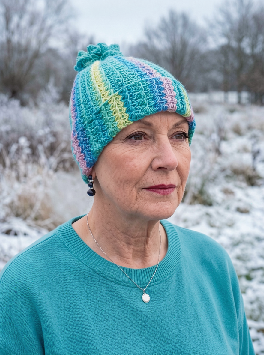 Supersoft hand crocheted beanie with turn up and crochet pom pom- Harmony