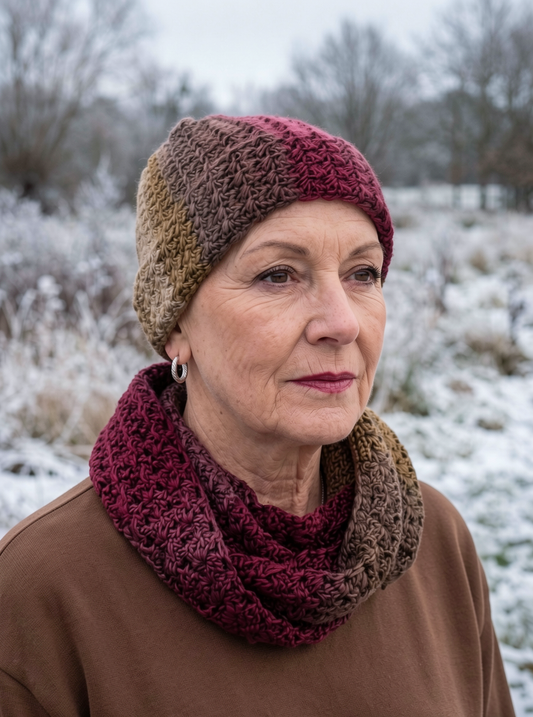 Hand crochet chemo beanie with turn up and scarf set - Horizon