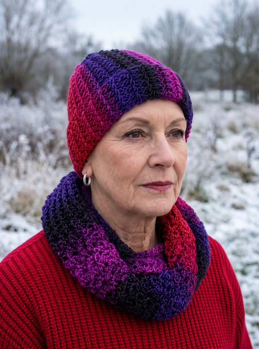 Soft sparkly hand crochet pom pom chemo beanie and infinity scarf - Hibiscus
