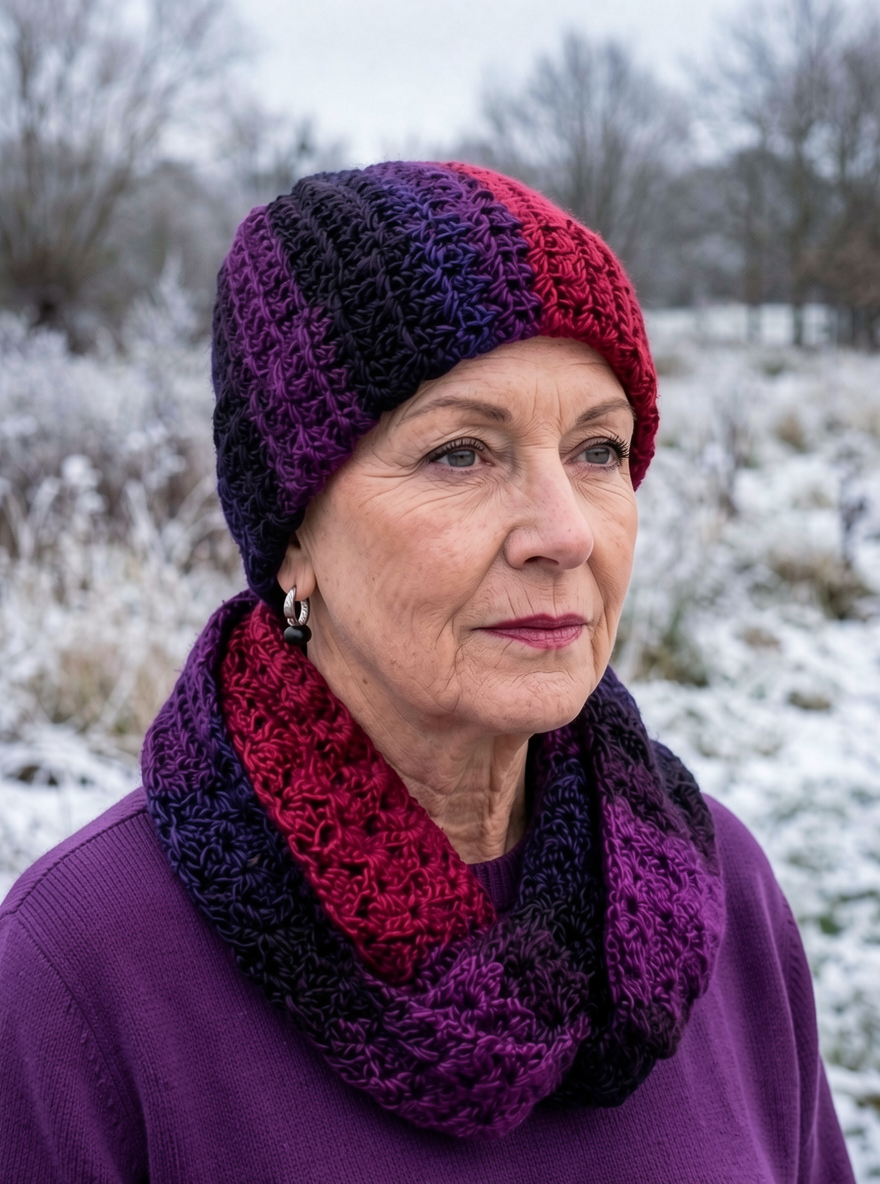 Supersoft hand crochet beanie hat with turn up and infinity scarf - Hibiscus