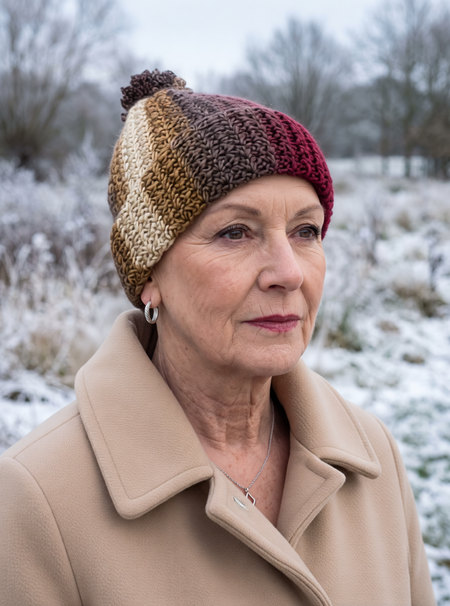 Soft hand crochet beanie with turn up and crochet pom pom - Horizon