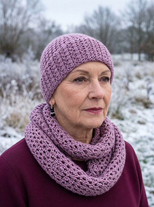 Supersoft hand crochet chunky beanie hat with turn up and infinity scarf - Mauve