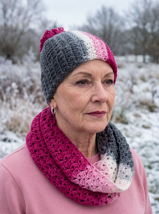 Supersoft hand crochet beanie hat with turn up and crochet pom pom and infinity scarf - Moonbeam