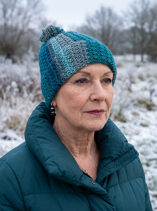 Soft hand crochet beanie with turn up and crochet pom pom - Sapphire