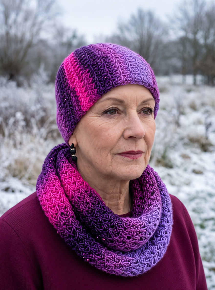 Soft sparkly hand crochet chemo beanie and infinity scarf _ berry shine