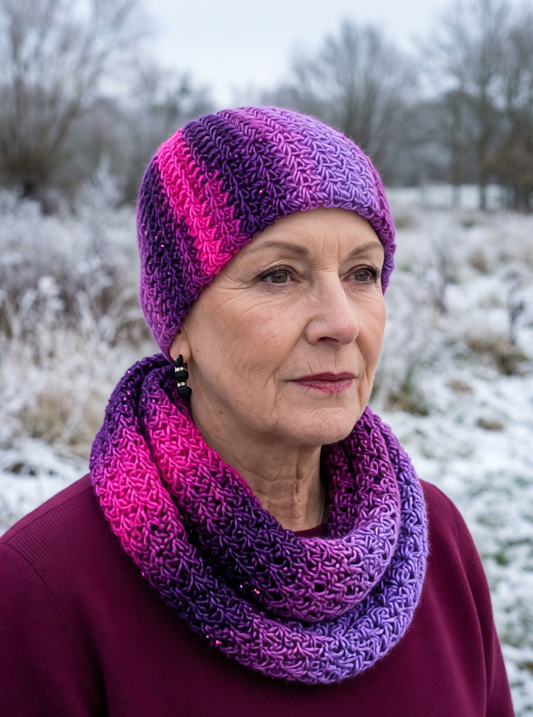 Soft sparkly hand crochet chemo beanie and infinity scarf _ berry shine