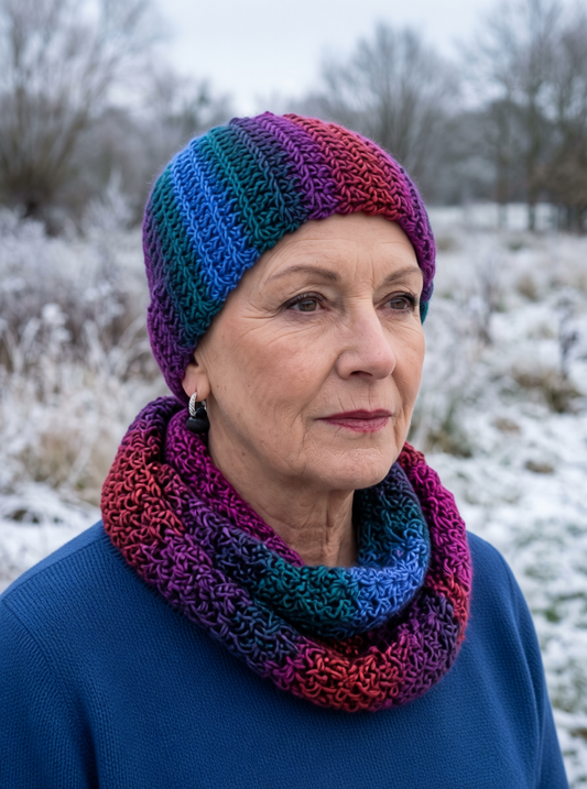 Soft hand crochet chemo beanie and infinity scarf - Flame