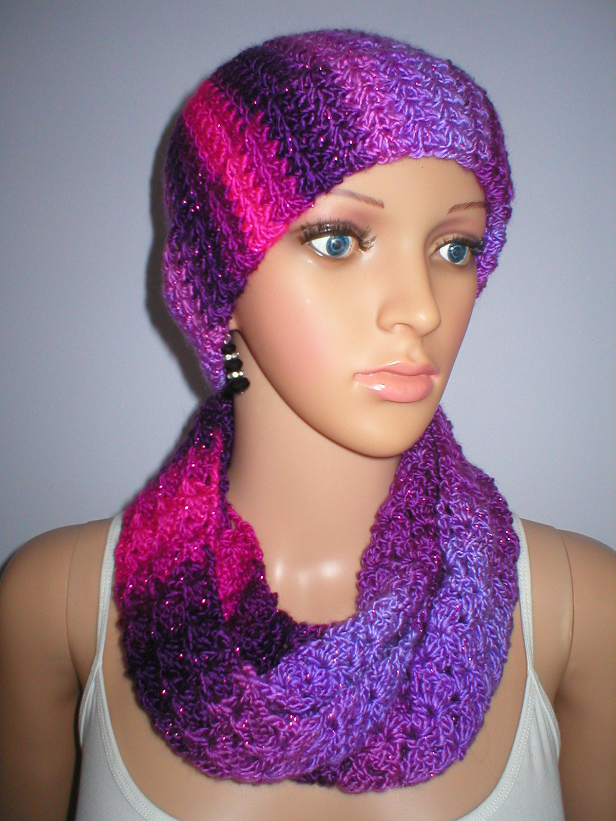 Soft sparkly hand crochet chemo beanie and infinity scarf _ berry shine